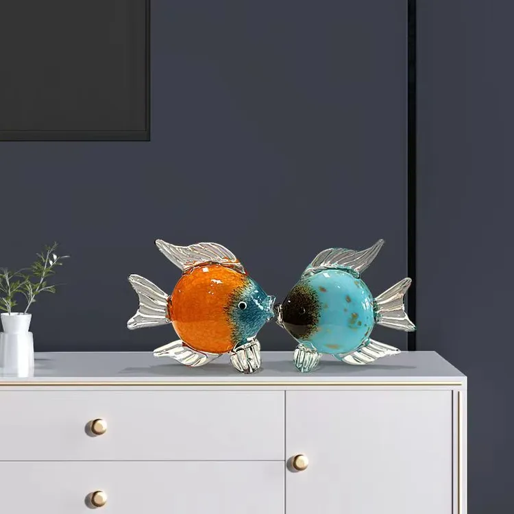 琉璃亲嘴鱼创意富贵鱼工艺品玄关高档卧室新中式艺术摆件