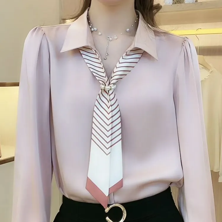 套头衬衫女长袖2025春季新款纯色百搭女士显瘦丝巾领带翻领衬衣