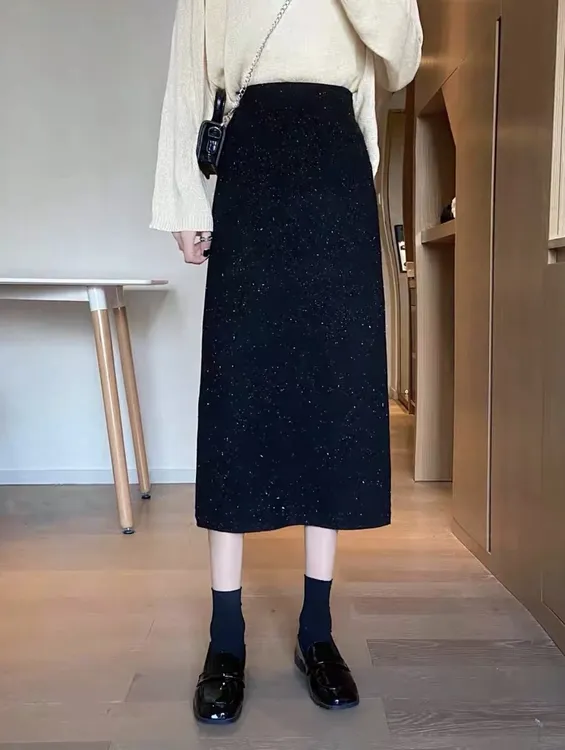 【璀璨星河】冬季韩版财阀千金小香风气质高雅星空设计后开衩半身裙