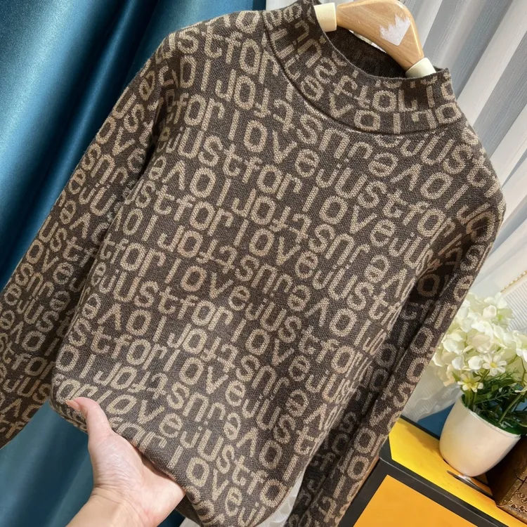 【56】秋冬新款半高领字母提花时尚洋气宽松打底针织毛衣女