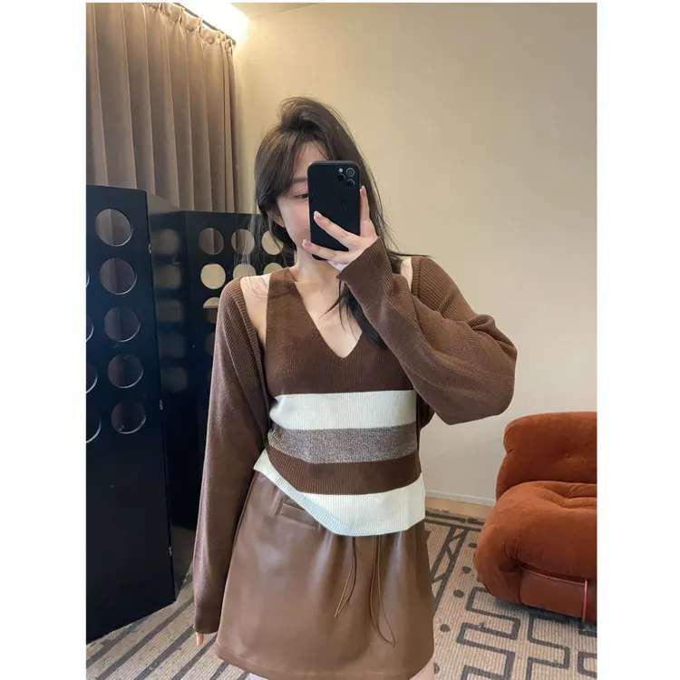 晶咕软软【温柔早秋】法式早秋条纹针织背心开衫两件套气质网红长袖