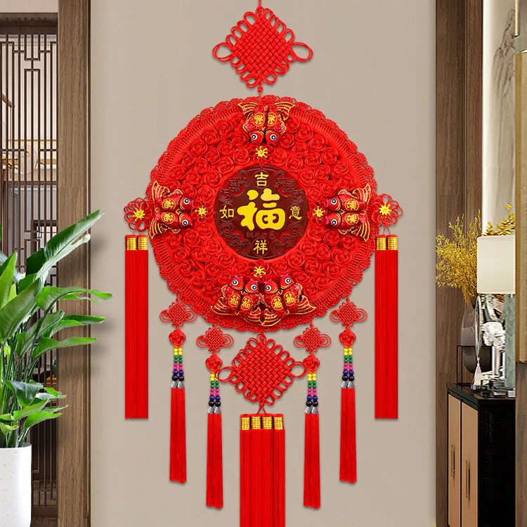 桃木中国结高档客厅电视背景墙手工挂件玄关入户门乔迁过年装饰品