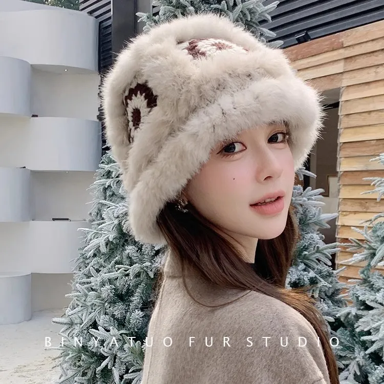 兔毛配针织帽休闲时尚虎头醒狮帽秋冬毛茸茸真毛可选显脸小毛线帽