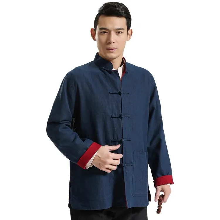新国风唐装上衣中国风亚麻洗水外套男青中年中式宽松复古大码林秋