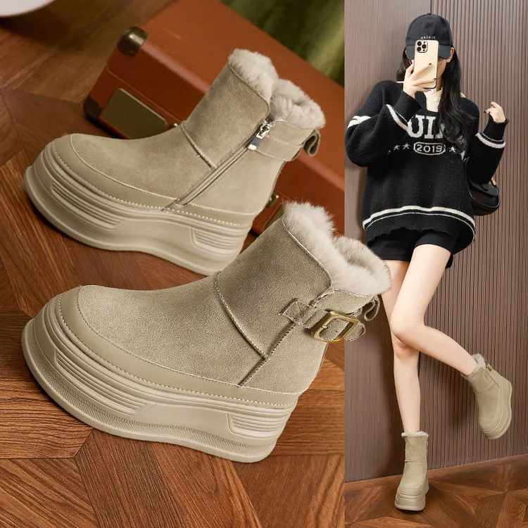 内增高雪地靴女2025冬季新款厚底小个子短靴防寒真皮加绒保暖女靴