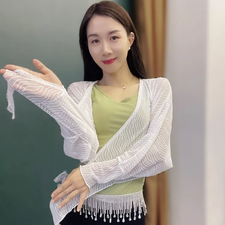 肚皮舞练功习防晒条纹开衫泡泡袖开上衣2025跳舞遮光打底长裤子