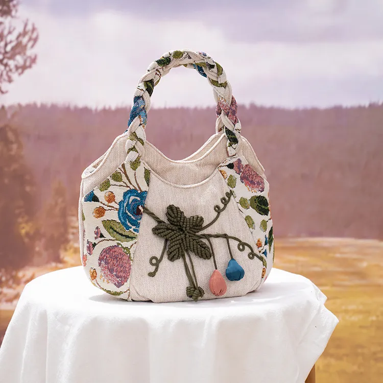 民族风手提包手拎袋休闲风多夹层多隔层手工编织帆布包拉链女布包