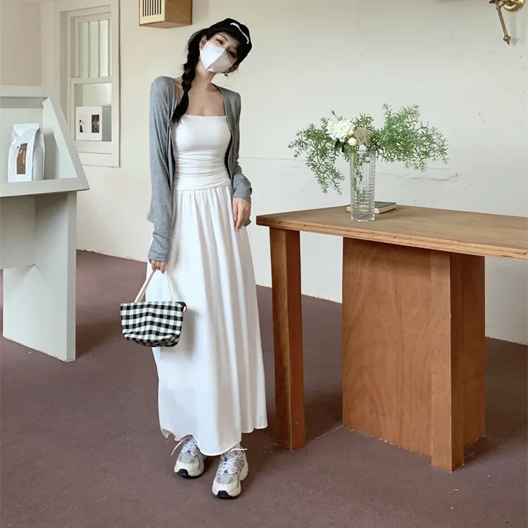 大码女装连衣裙裙子针织开衫长袖上衣套装休闲长裙吊带背心气质