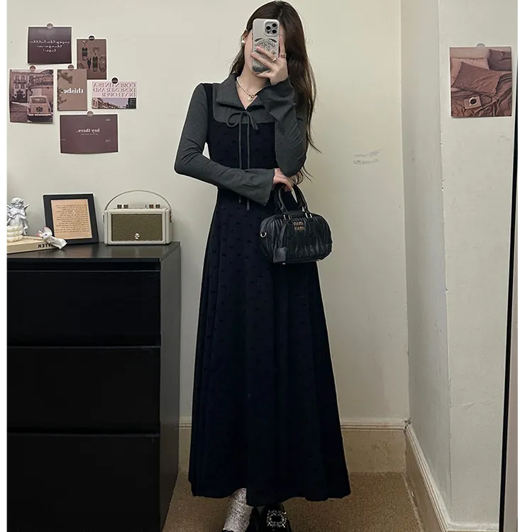 大码女装假两件内搭针织连衣裙女胖MM新款赫本风显瘦长裙夏装裙子