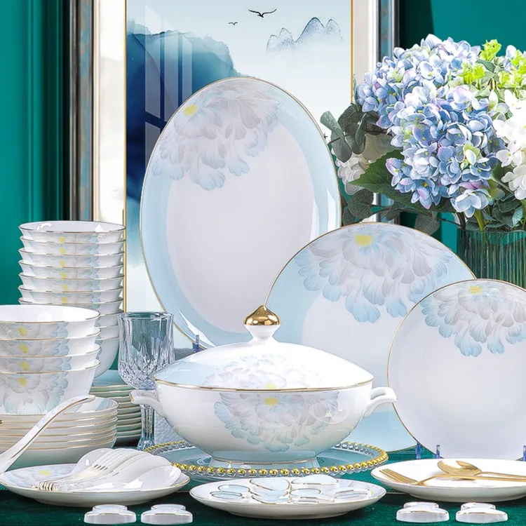 越绣堂邂逅 景德镇骨瓷汤碗碟套装家用轻奢防烫中式高档餐具乔迁