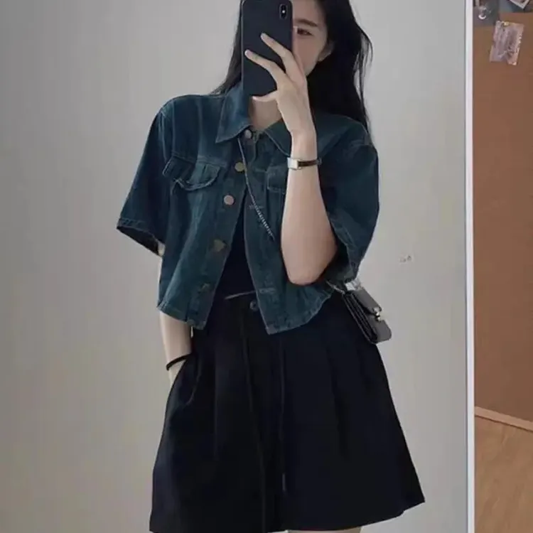 短款牛仔外套女夏宽松外搭开衫港味复古设计感短袖衬衣上衣小个子