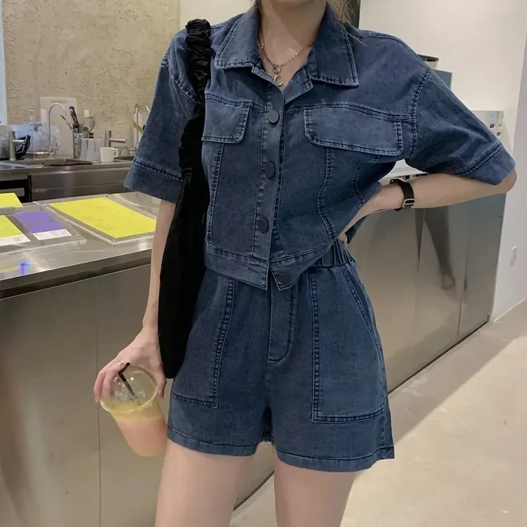 两件套装短外套牛仔短裤女2022夏季学生韩版宽松小个子百搭遮肚子