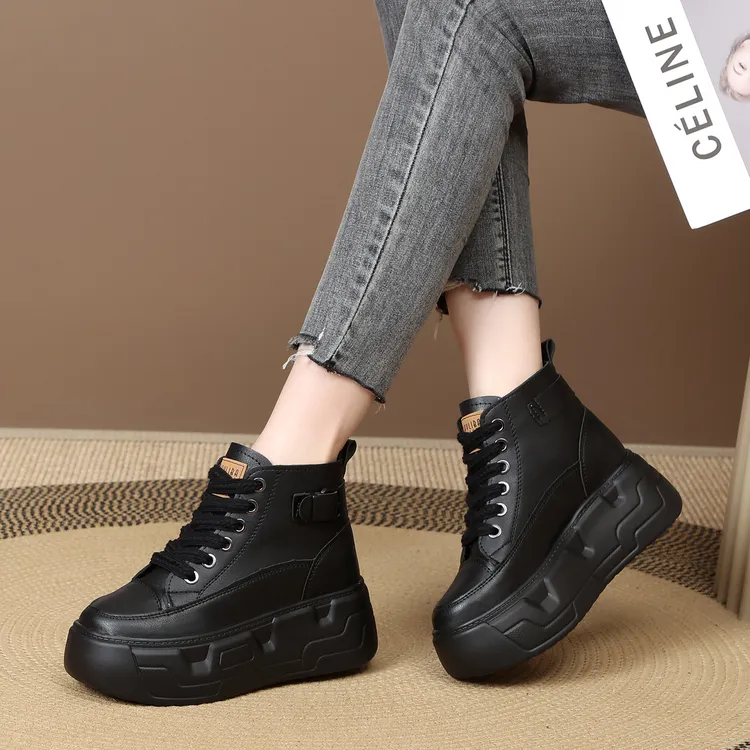 跟高10厘米高帮黑色新款秋冬厚底高帮松糕鞋软底休闲运动鞋小个子