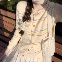 韩系甜美条纹镂空针织毛衣开衫女2025春季新款文艺慵懒风上衣外套
