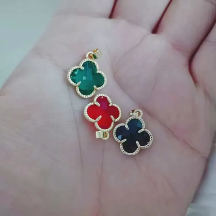 铜合金仿水晶吊坠 四叶花吊坠两面戴简约百搭气质高级感久不掉色