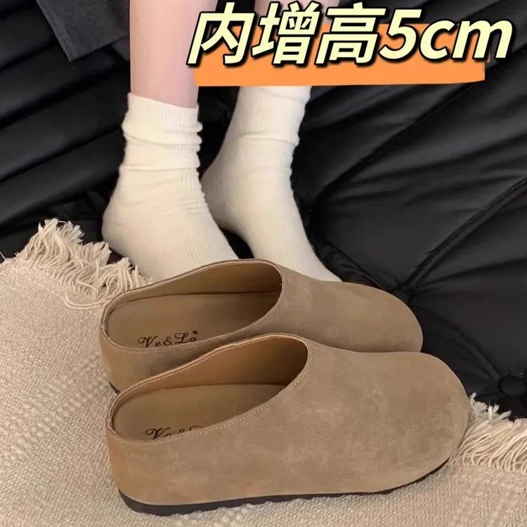 厚底5CM~内增高软皮勃肯鞋女春秋新款复古博肯半拖鞋一脚蹬松糕鞋
