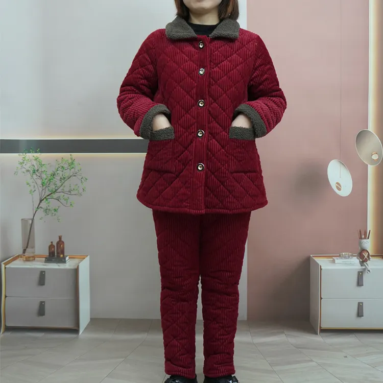 【熊夫人】冬季新款加绒加厚套装女中年妈妈装灯芯绒棉衣棉裤一套