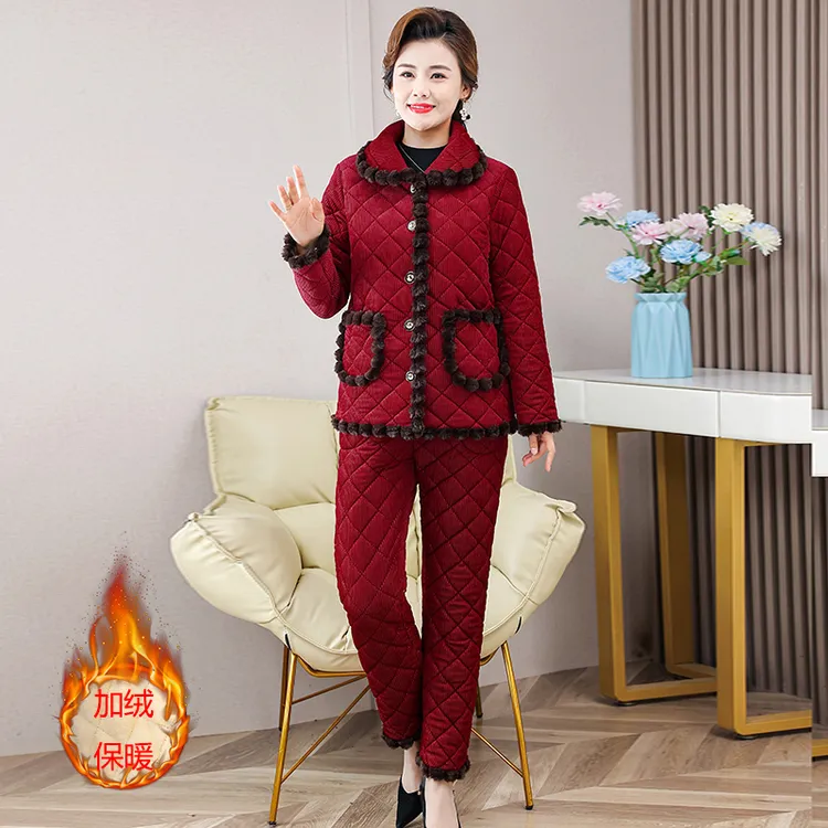 【熊夫人】中老年妈妈装加绒保暖冬季减龄洋气棉衣两件套加厚棉袄