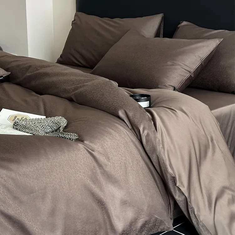 水星高端系列家纺轻奢复古风120S长绒棉提花四件套全棉纯棉深咖色