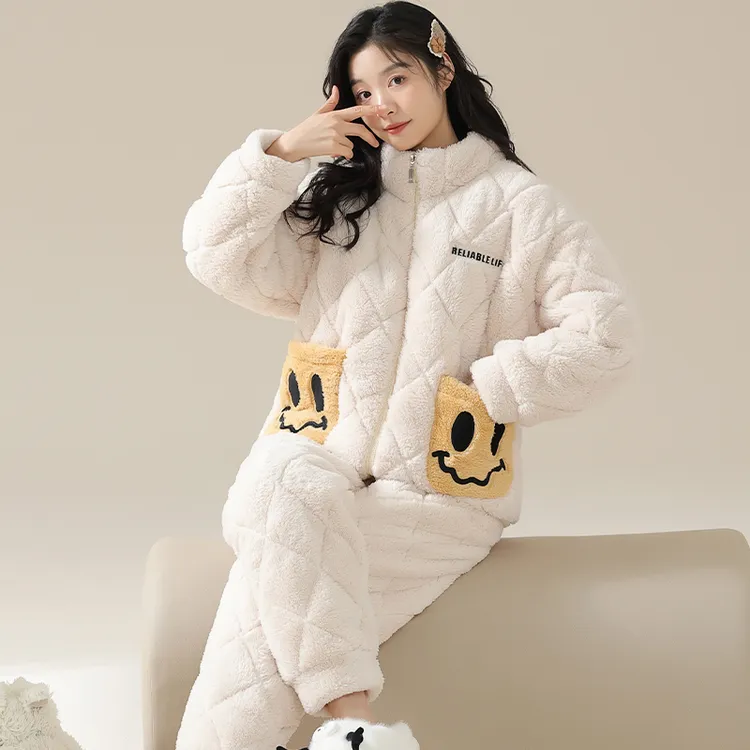 三层夹棉袄睡衣女秋冬季2025新款加绒加厚珊瑚绒保暖家居服可外穿