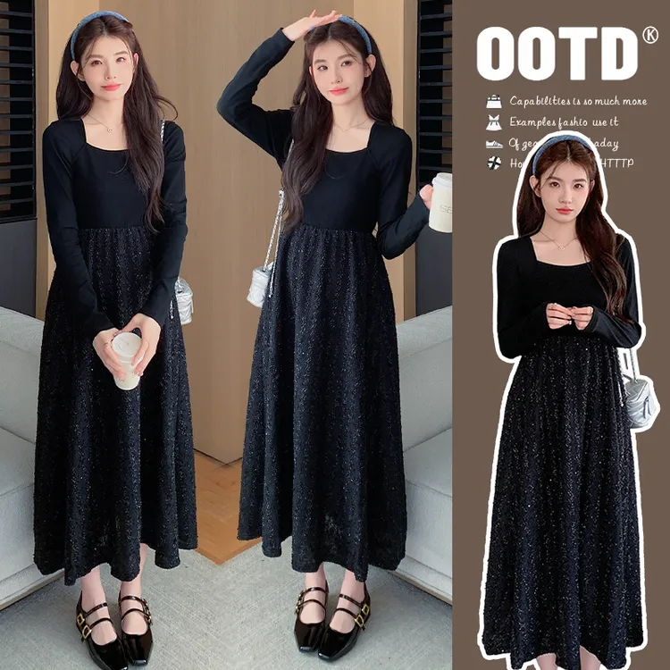 实拍现货2024秋季打底方领显瘦拼接长款连衣裙