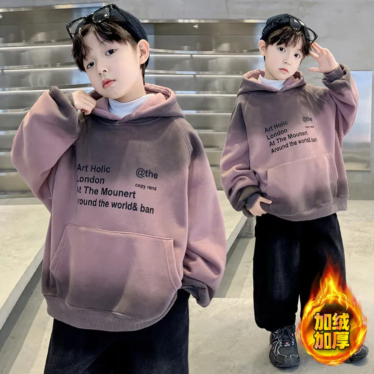 儿童装男童秋冬连帽卫衣2025男孩字母印花渐变加绒卫衣中大童长袖