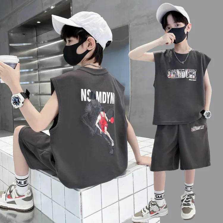儿童装中大童夏季男童背心套装薄款卡通无袖宽松时尚洋气运动夏装