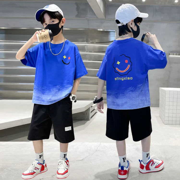 儿童服装中大男童夏季笑脸渐变色短袖套装洋气衣服休闲运动夏装潮