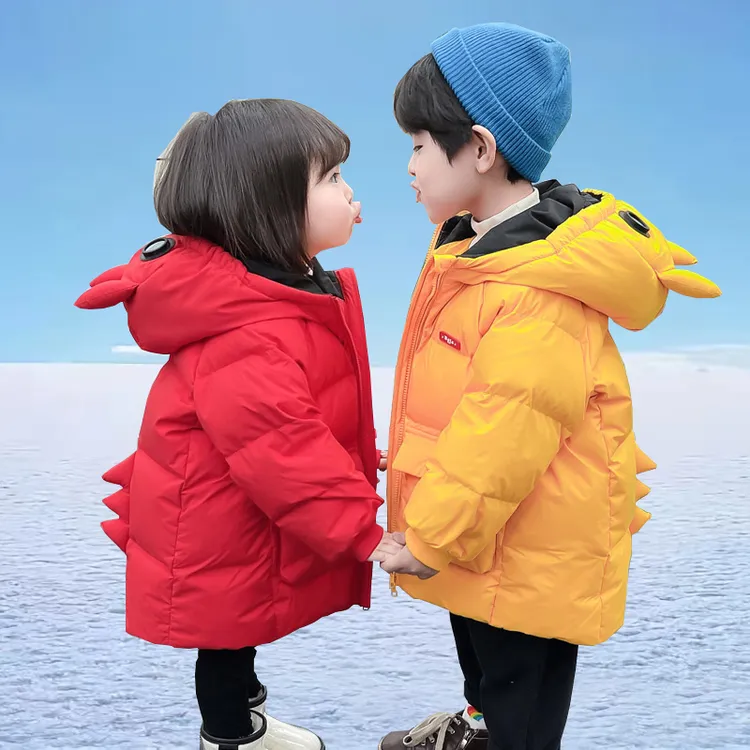 儿童羽绒服男小童洋气加厚卡通女童冬季外出连帽中长款恐龙羽绒服