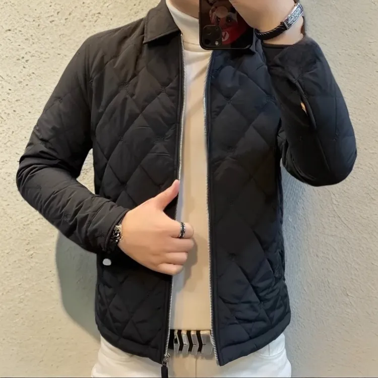冬季男士新款翻领轻薄休闲棉服商务棉衣菱形时尚外套夹克修身棉袄