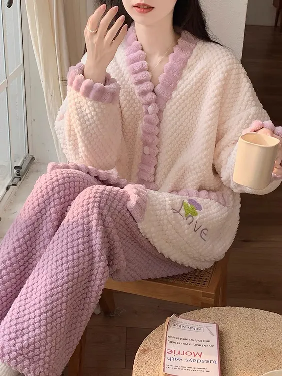 冬季爆款女士睡衣珊瑚绒加绒加厚甜美ins风可外穿保暖家居服套装