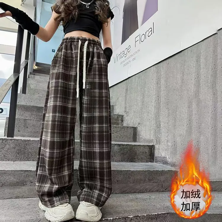 女童加绒秋冬格子裤2024冬季中大童加厚毛呢休闲裤潮流直筒阔腿裤