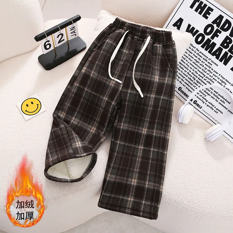 女童加绒秋冬格子裤2024冬季中大童加厚毛呢休闲裤潮流直筒阔腿裤