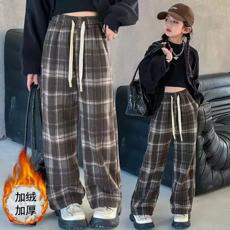 女童加绒秋冬格子2024冬季中大童加厚毛呢休闲潮流女童阔腿裤