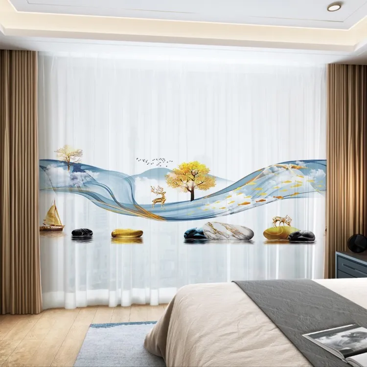 透光不透人窗帘3D彩印纱客厅阳台奢华精美窗帘高级感绍兴柯桥窗帘