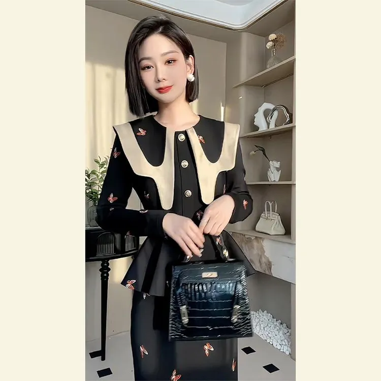初冬气场强大名媛气质女神范高级感重要场合御姐轻熟风黑色连衣裙
