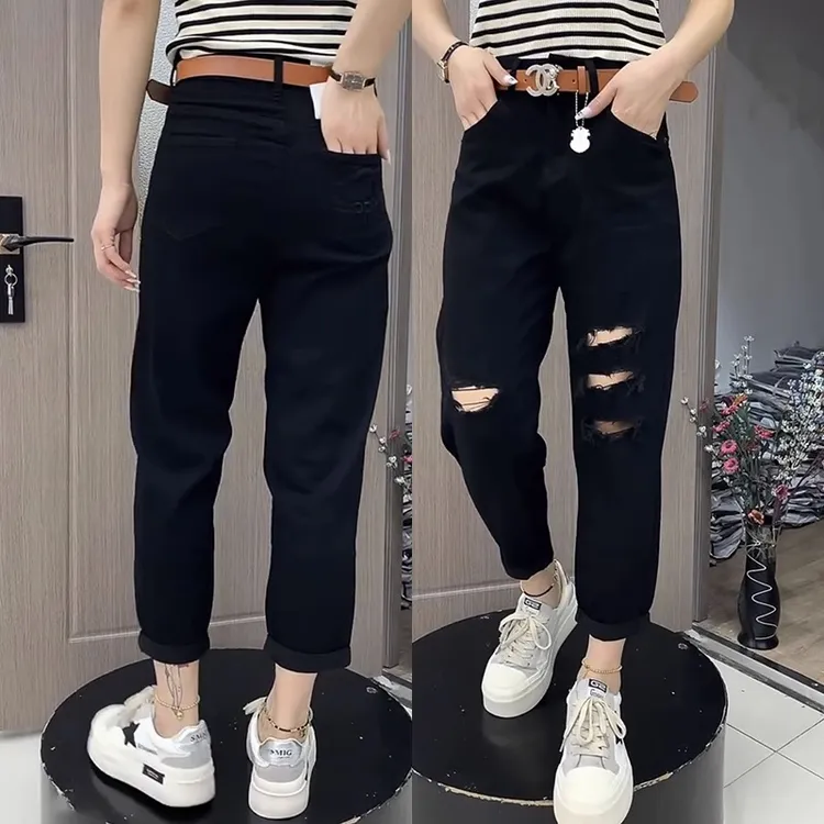 梨形身材微胖大码破洞牛仔裤夏季薄款哈伦老爹裤高腰小脚裤休闲裤