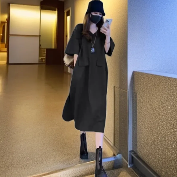 2025夏季新款黑色宽松连衣裙大码女设计感胖mm显瘦长款t恤女裙子