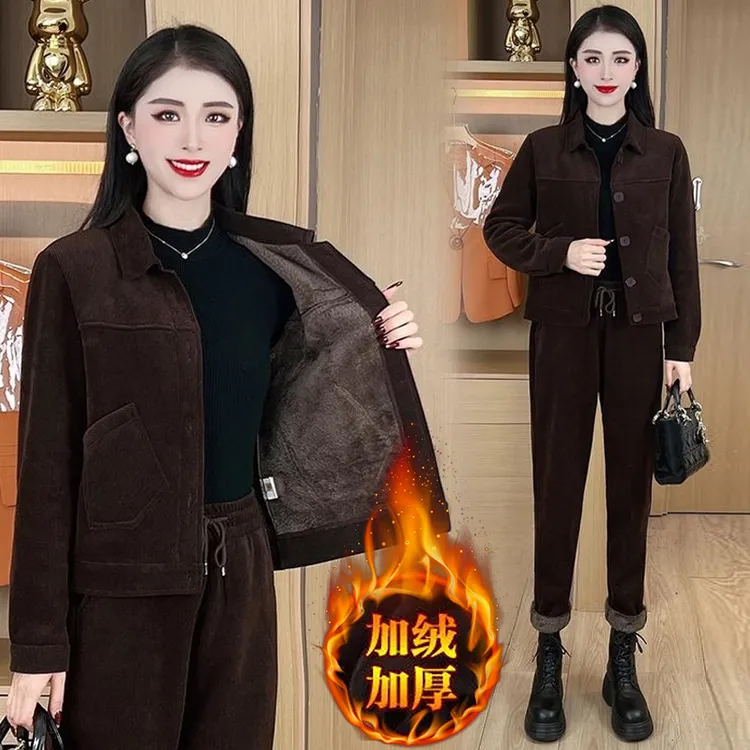 加绒加厚休闲套装女2025冬季新款时髦洋气单排扣外套阔腿裤两件套
