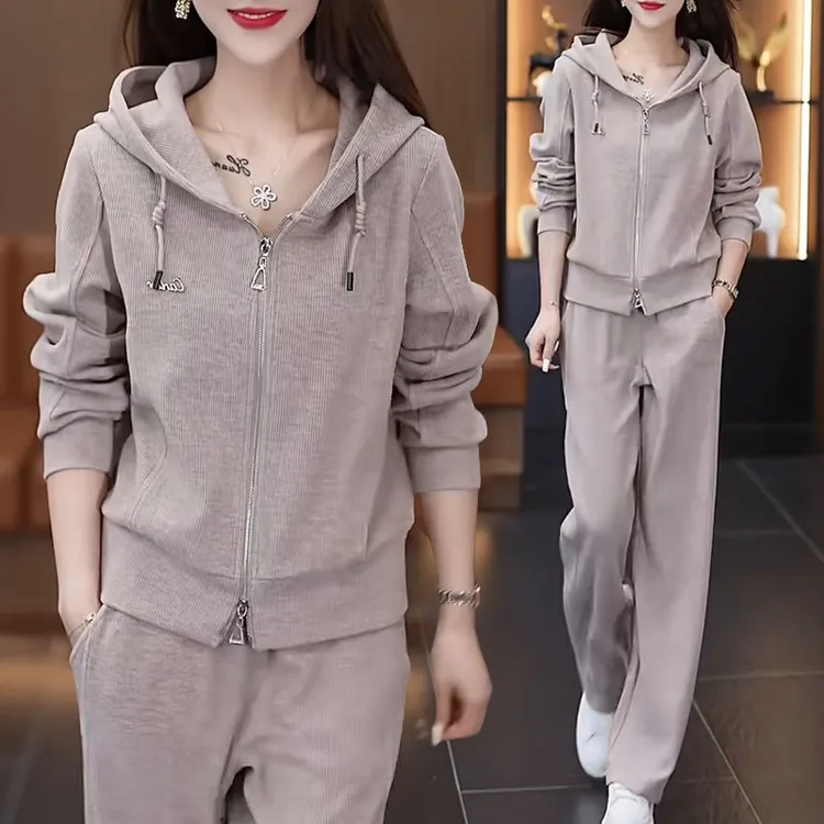 时尚休闲运动服套装女2025年春秋季新款洋气连帽卫衣阔腿裤两件套