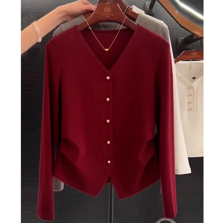 高含棉V领褶皱长袖T恤女2024年秋季新款气质百搭洋气收腰显瘦上衣