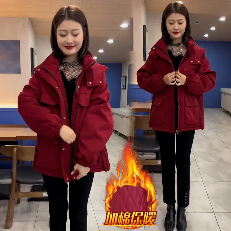 加棉加厚冲锋衣外套女2025年冬季新款宽松休闲连帽工装四口袋棉服