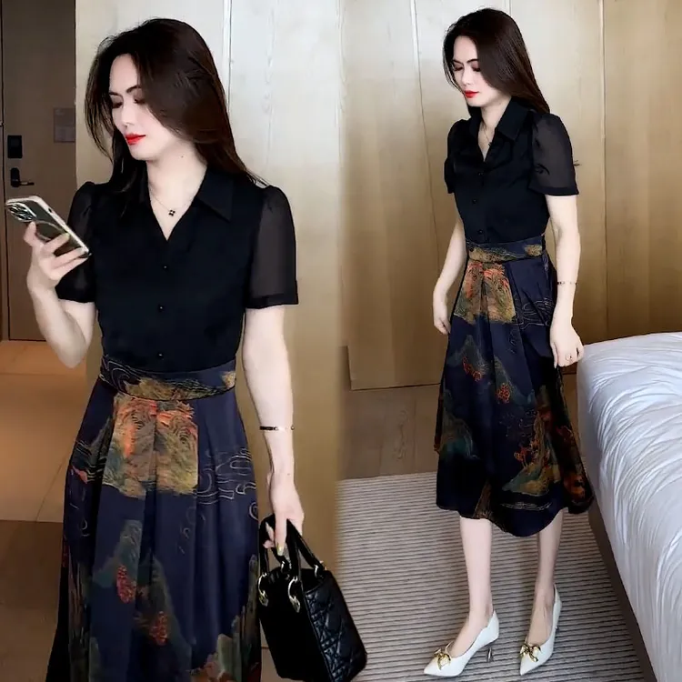 时尚假两件连衣裙女2024年夏季新款洋气质显瘦收腰遮肚子中长款裙