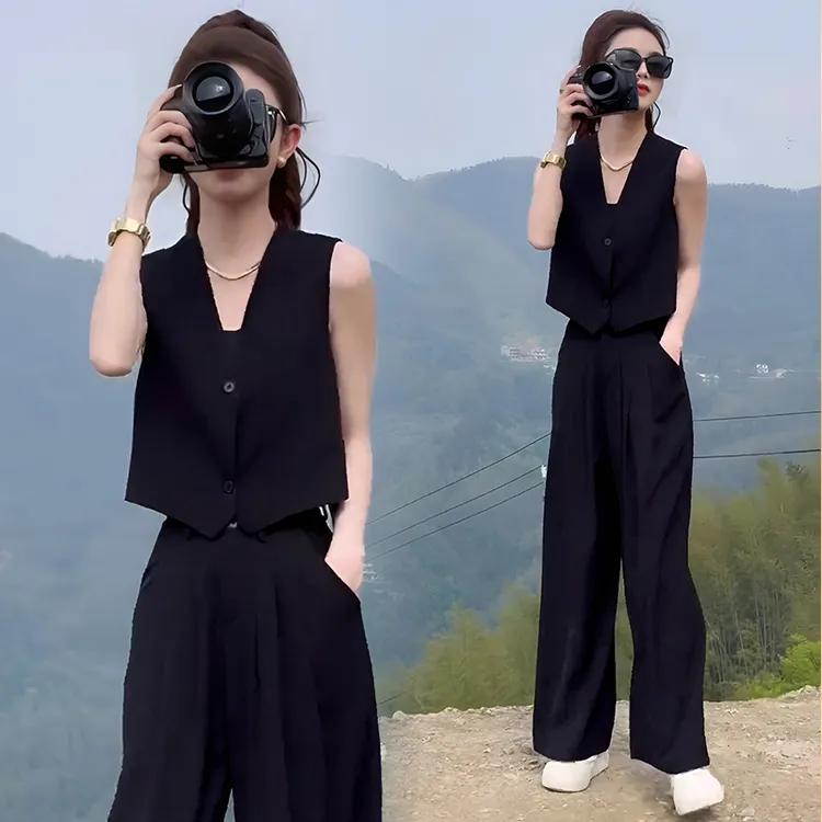 时尚套装女2024年夏季新款小个子显瘦西装马甲高腰阔腿裤两件套潮