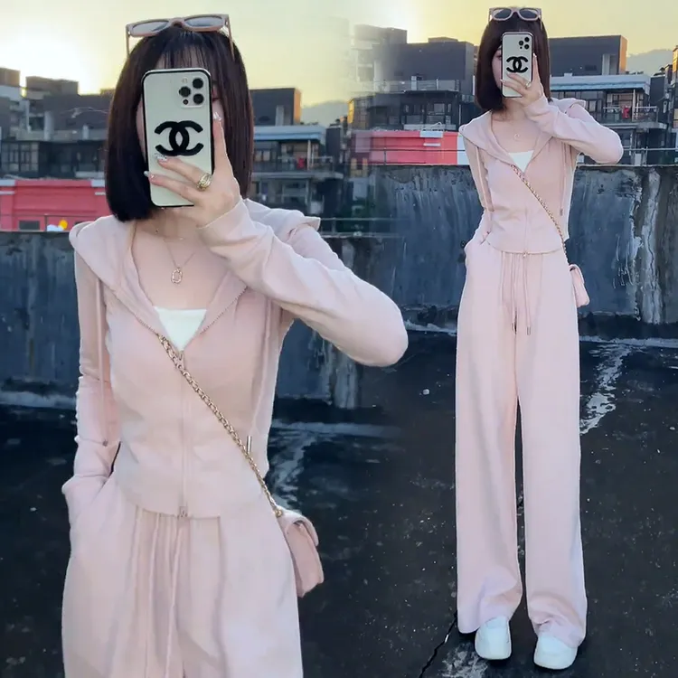 含棉小个子休闲运动服套装女2024年秋季新款连帽卫衣阔腿裤两件套