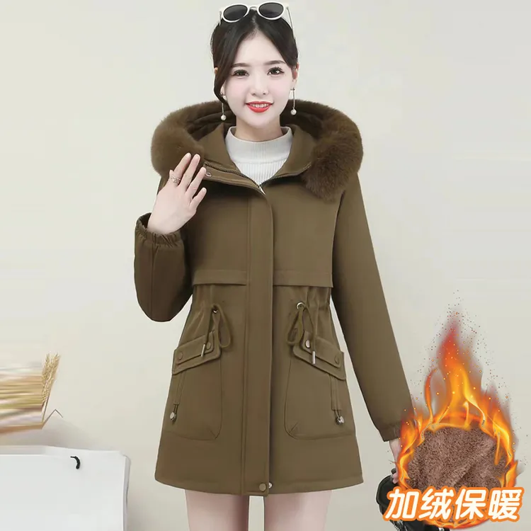 加绒加厚连帽派克服女2025冬季妈妈装保暖毛领中长款棉衣棉服外套