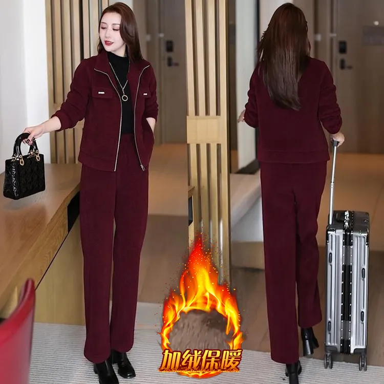 时尚加绒加厚套装女2024冬季新款小个子休闲百搭外套阔腿裤两件套