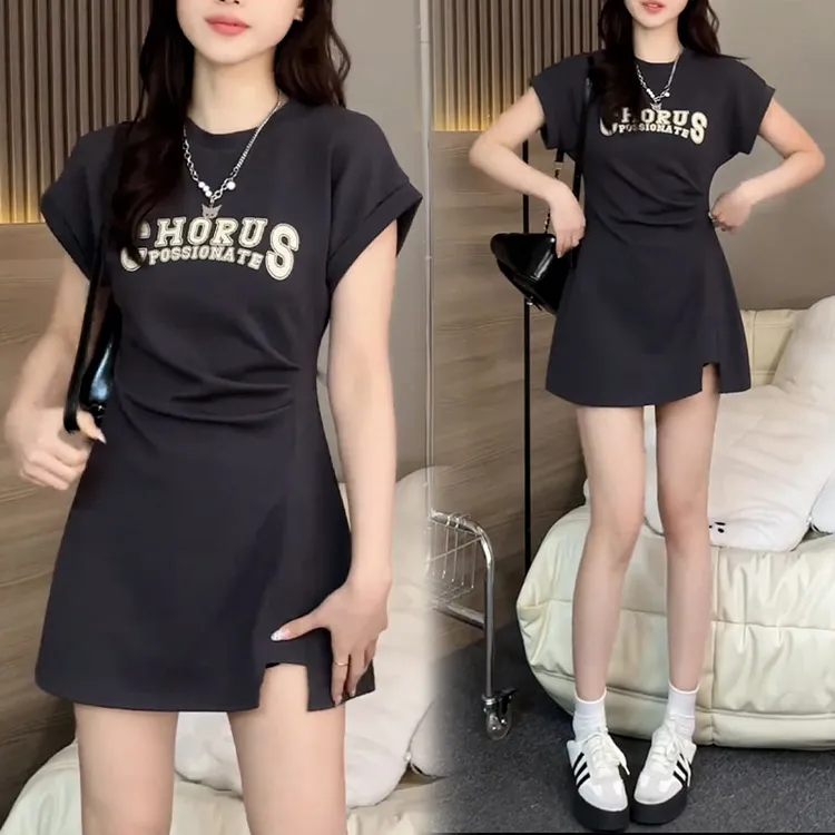 高含棉时尚字母印花连衣裙女2024年夏季新款设计感收腰显瘦中长裙