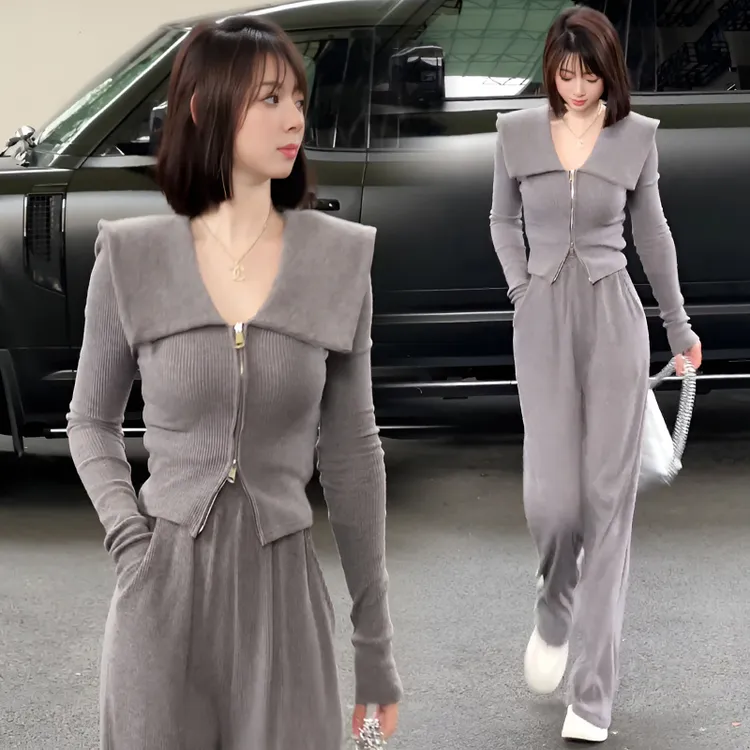 气质休闲套装女2025春秋季新款法式翻领收腰开衫卫衣阔腿裤两件套
