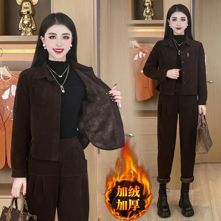 加绒加厚休闲运动服套装女冬季2025年新款时尚洋气时髦外套两件套